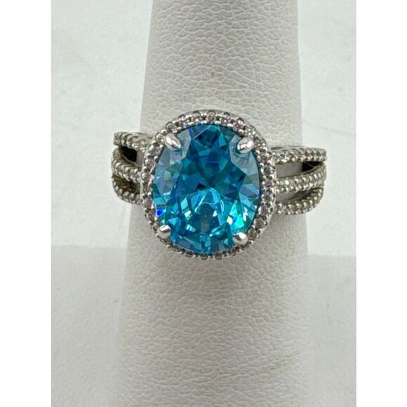 Aura by TJM Sterling silver blue synthetic quartz & white CZ Cushion ring - Picture 1 of 5